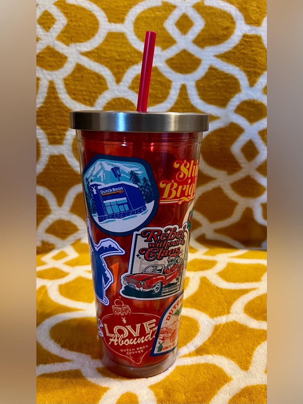 Dutch Bros Red Sticker-Graphic Travel Cup with Stainless Lid and Straw